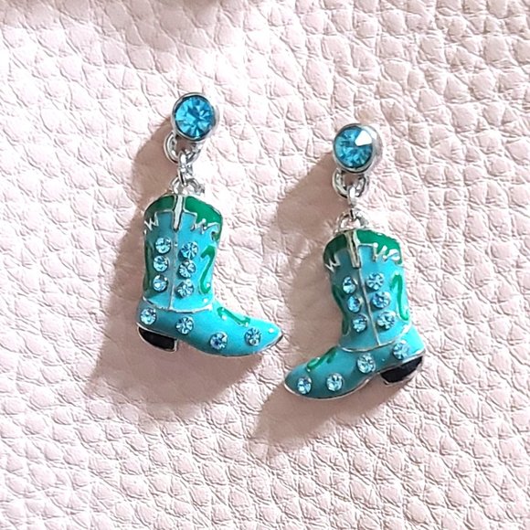 Turquoise Boot Earrings -Western Charm Meets Rhinestone Shine - Picture 6 of 9